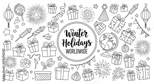 Festive winter celebration elements with global holiday cheer in outline style