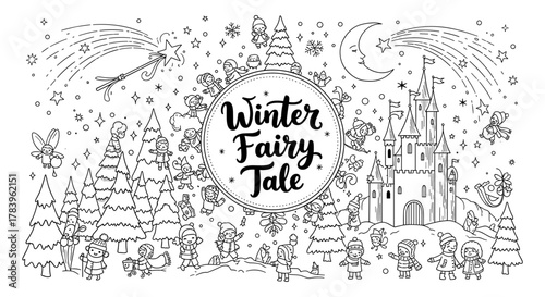 Magical winter wonderland scene with fairy tale characters