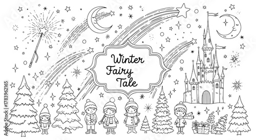 Charming winter fairy tale with castle and children in outline style