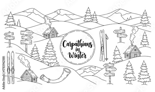 Winter in carpathians: hand drawn landscape with cabins and snowy mountains
