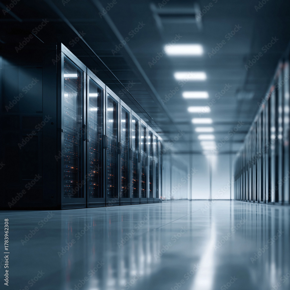 Fototapeta premium A futuristic data center hallway filled with server racks. Shiny, clean, and symbolic of big data, cloud computing, or network infrastructure solutions.