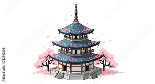 Traditional japanese pagoda with cherry blossoms in springtime