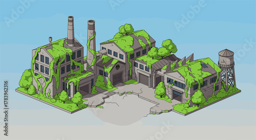 Abandoned industrial complex overgrown with nature in isometric design