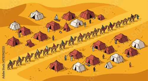 Desert caravan crossing with tents and camels in isometric style