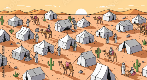 Desert landscape with tents and camels at sunrise in flat design