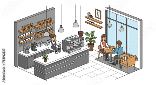 Cozy coffee shop interior with customers and barista in isometric style