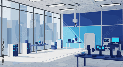Futuristic laboratory with robotic arm and high-tech equipment in modern building