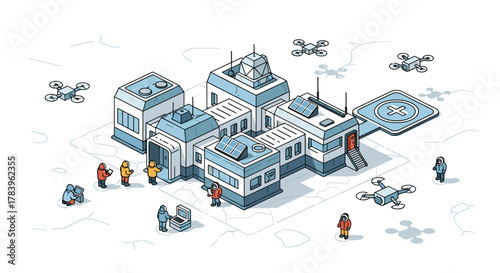 Futuristic arctic research station with drones in isometric style