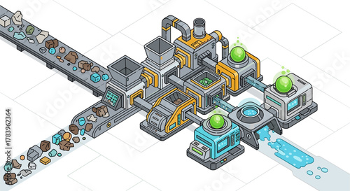 Isometric industrial processing line with conveyor belt and machinery elements