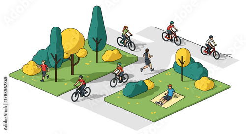 Active people enjoying outdoors in flat isometric park scene with biking and jogging