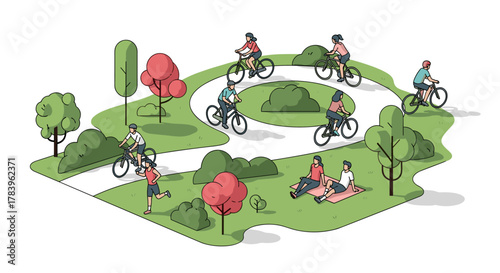 Urban park isometric design with cyclists, runners, and relaxing groups in green landscape