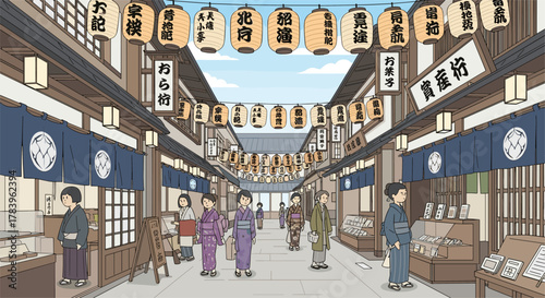 Traditional japanese marketplace with people and paper lanterns in a historic street scene