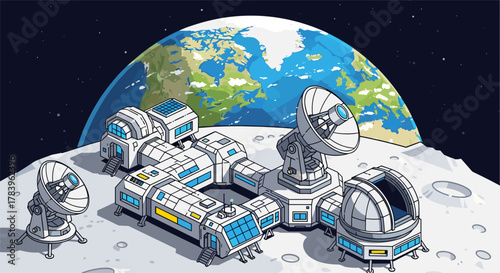 Moon base with satellite dishes and earth in background