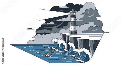 Dramatic coastal scene with lighthouse illuminating stormy seas at cliffside