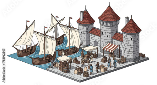 Medieval harbor scene with castle, ships, and market stalls in isometric style