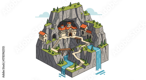 Scenic mountain village with medieval architecture and waterfalls in isometric view