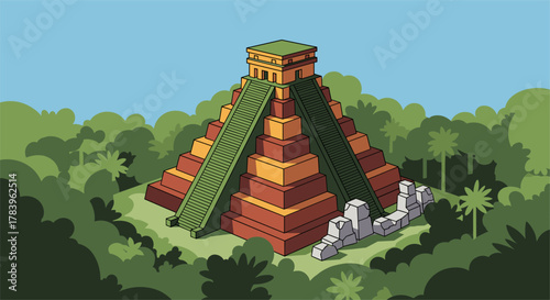 Colorful ancient pyramid in jungle setting with green steps and ruins