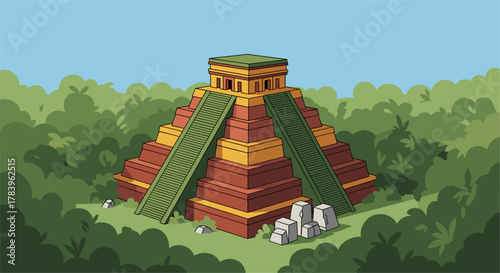 Colorful cartoon mayan pyramid in jungle setting with clear blue sky