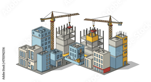 Urban construction scene with cranes and buildings in isometric design