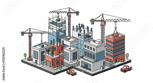 Isometric modern city construction with cranes and buildings