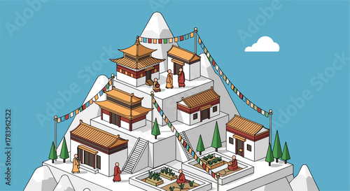 Isometric mountain monastery with traditional architecture and monks