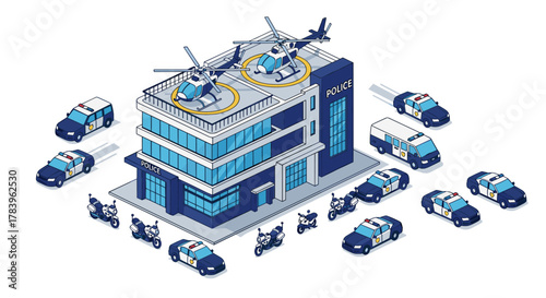 Isometric police station with helicopters and vehicles in urban setting