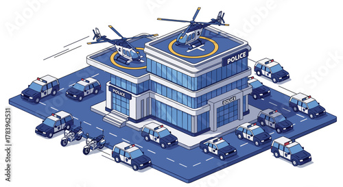 Isometric police station with cars, helicopters, and motorcycles in modern urban setting