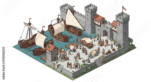 Medieval harbor scene with ships and castle in isometric design