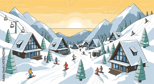 Winter mountain resort with skiers and snowy chalets at sunset