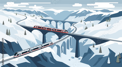 Scenic winter landscape with high-speed trains crossing snowy mountain bridges