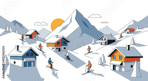 Winter sports enthusiasts skiing in idyllic alpine village scene