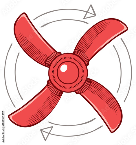 Spinning red four-blade propeller in a retro cartoon illustration style