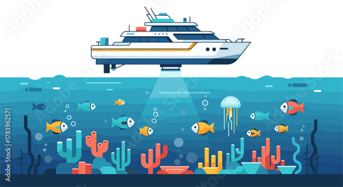 Modern yacht floating above vibrant coral reef with marine life in flat design