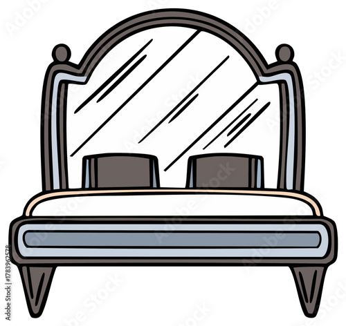 Elegant cartoon style vanity table with an ornate arched mirror and containers