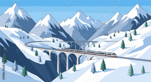 High speed train crossing snowy mountain viaduct with scenic landscape and blue sky