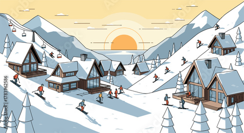 Alpine winter wonderland with skiers in a scenic mountain landscape at sunrise