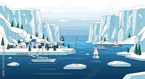 Coastal winter wonderland with sailboats and icebergs in serene lake scene