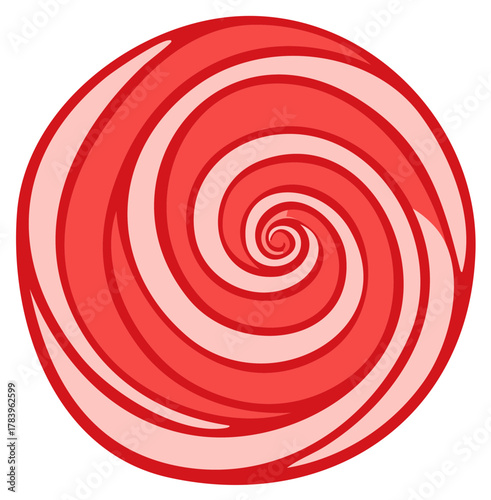 Round red and white swirled candy with a simple graphic design