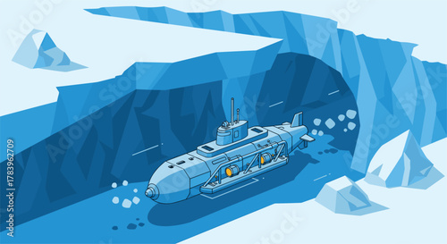 Colorful submarine in arctic ice waters