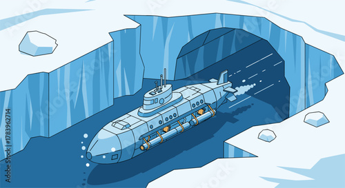 Submarine navigating through arctic ice cavern in flat style