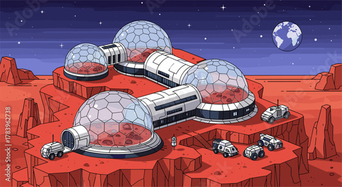 Futuristic mars colony at night with geodesic domes and space vehicles