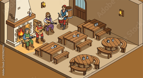 Medieval tavern scene with musicians and rustic interior in isometric art style