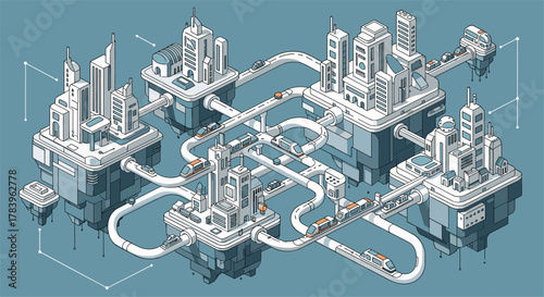Futuristic isometric cityscape with connected buildings and roads