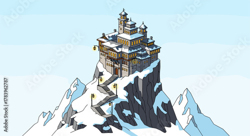 Majestic mountain monastery with snowy peaks and ancient architecture