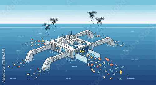 Autonomous ocean cleanup platform with drones collecting marine debris in isometric style