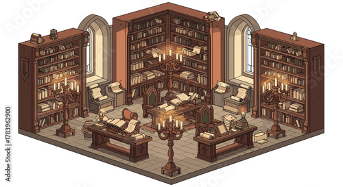Cozy medieval library with candles and books in isometric design