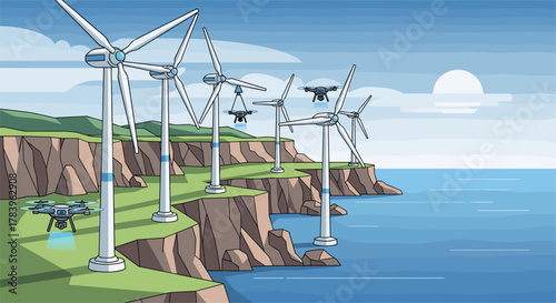 Wind turbines and drones over coastal landscape at sunset