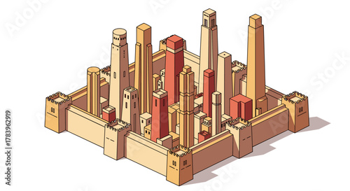Isometric medieval castle with tower cityscape in earth tones