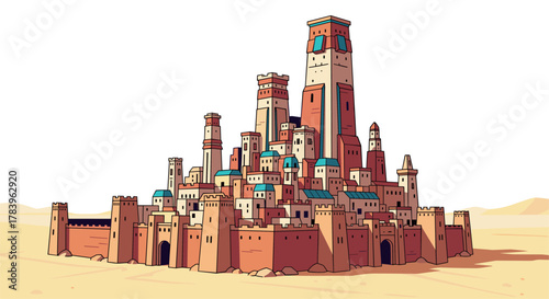 Ancient desert fortress with towers and walls in flat style