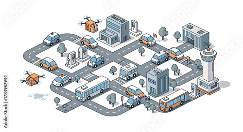 Isometric cityscape with modern transportation and smart technology